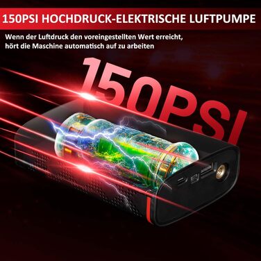 Hancaner електричний компресор-насос 6000mAh, 150 PSI, з великим дисплеєм і ліхтарем для авто, мотоцикла, велосипеда, м'ячів, 50 см шланг
