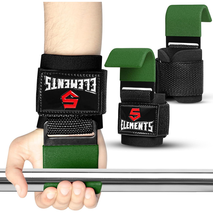 Набори для тяги 5 Element: Допоміжні петлі для силових тренувань (пара) - гачки для тяги, обладнання для чоловіків та жінок, 8 мм неопрен, для важкої атлетики, підтягувань, вправ на плечі, армійний зелений
