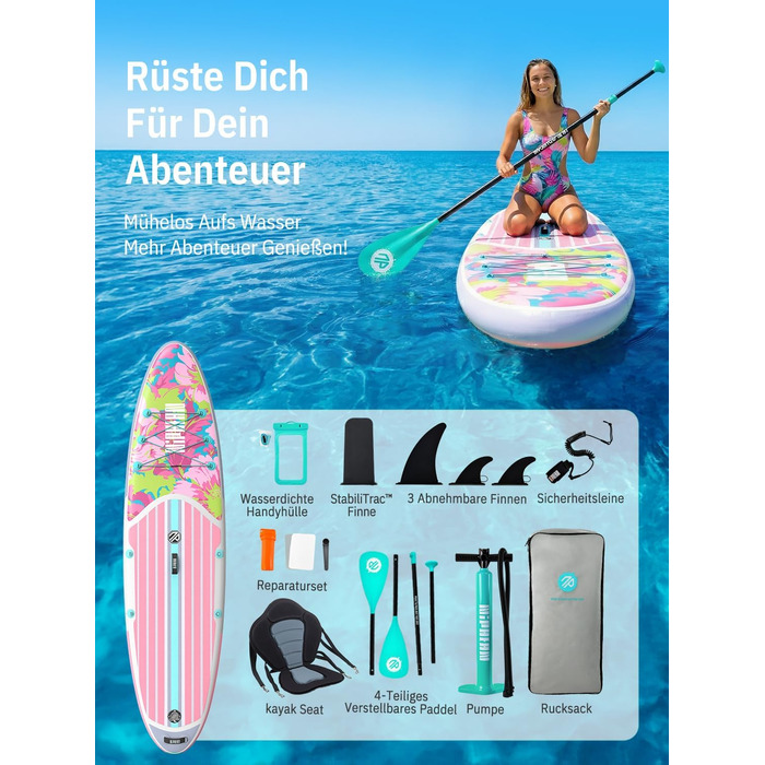 Надувне SUP-борд Niphean Stand Up Paddle Board з сидінням та аксесуарами, 320 см, для всіх рівнів, вантажопідйомність 200 кг (2 особи), Floral Symphony з StabilTrac-фіном