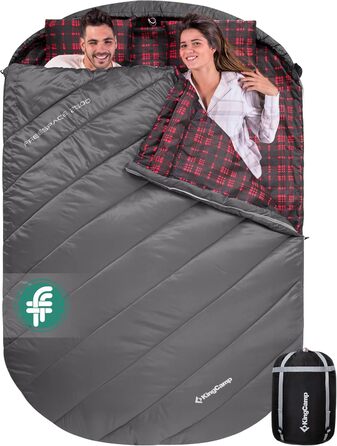 Сплячий мішок KingCamp для 2 осіб з фланелі, зимовий, 3-4 сезони, з подушками, для кемпінгу та відпочинку на природі (сірий)