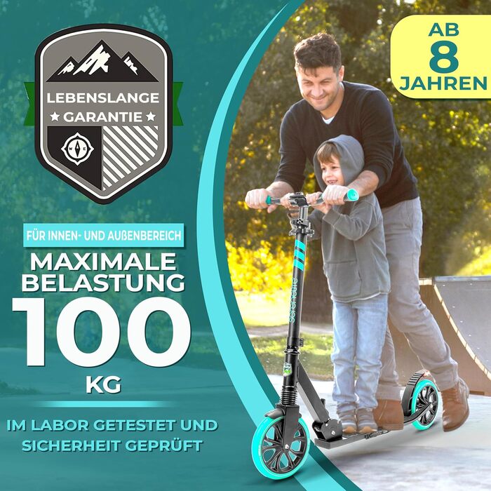 Самокат SereneLife Roller: складаний міський самокат з великими колесами, регульованою висотою, ременем для перенесення, підставкою та ножним гальмом до 100 кг (Аква)