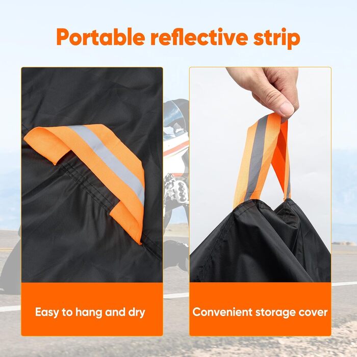 Накладна ковдра для мотоцикла Neverland Outdoor, 295x110x140 см, водонепроникна, 300D, гараж для мотоцикла, внутрішнє використання, з отворами для замка, світловідбиваюча, чорно-помаранчевий колір