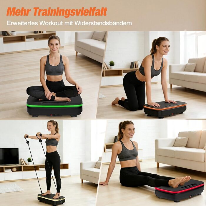 Вібраційна платформа DH FitLife для дому | Рюттельплатта з 0–99 рівнями та таймером | 9 автоматичних програм | Тиха вібраційна платформа з присосками | Підсвічування та Bluetooth-динамік | З ременями | Макс. 150 кг