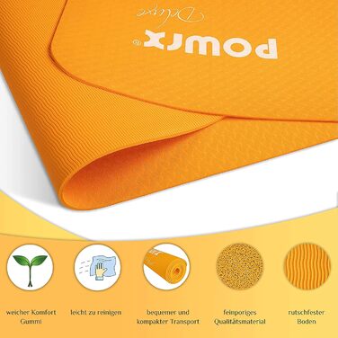 Йога-килимок POWRX Yogamatte Deluxe TPE (Mango, 173 x 61 x 0,5 см) — протиковзкий килимок для пілатесу, гімнастики та тренувань, екологічний