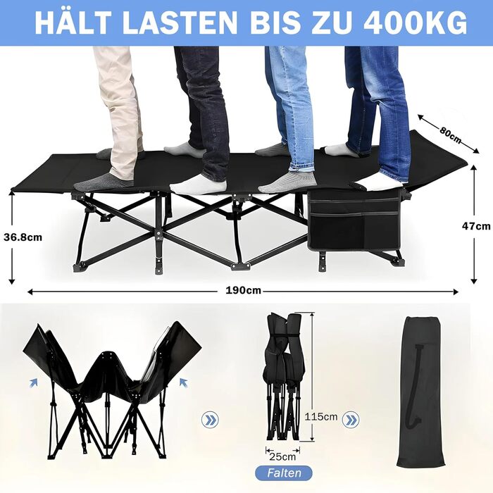 Розкладне ліжко для кемпінгу Newfulam XXL/XL, до 400 кг, з матрацом, чорне