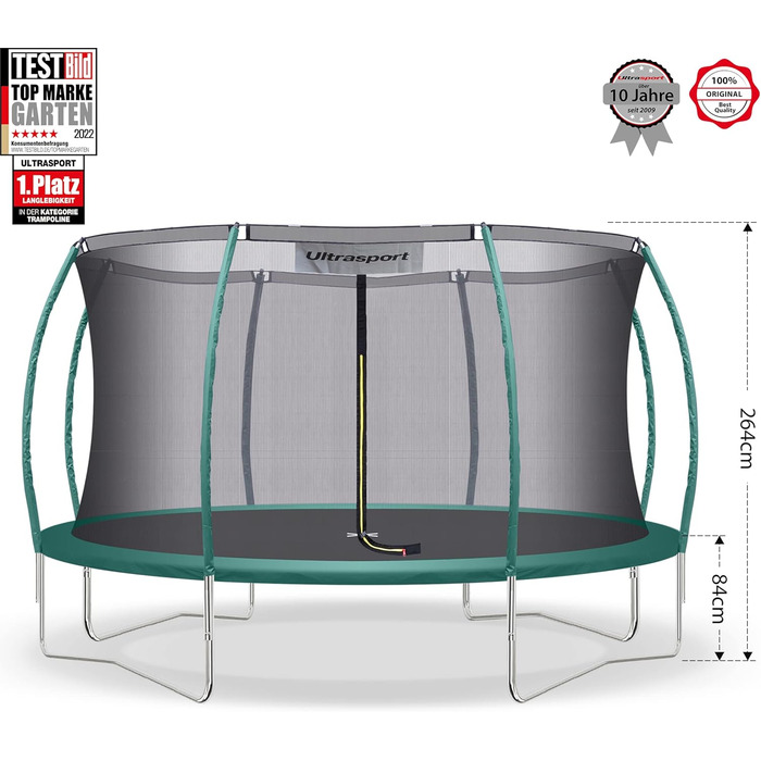 Трамплін Ultrasport Deluxe, Ø 244/305/366/430 см, сертифікований TÜV Rheinland + GS, повний комплект, круглий садовий трамплін, з м'якими стійками, сіткою безпеки та захисним бордюром (Deluxe - Ø 366 см)
