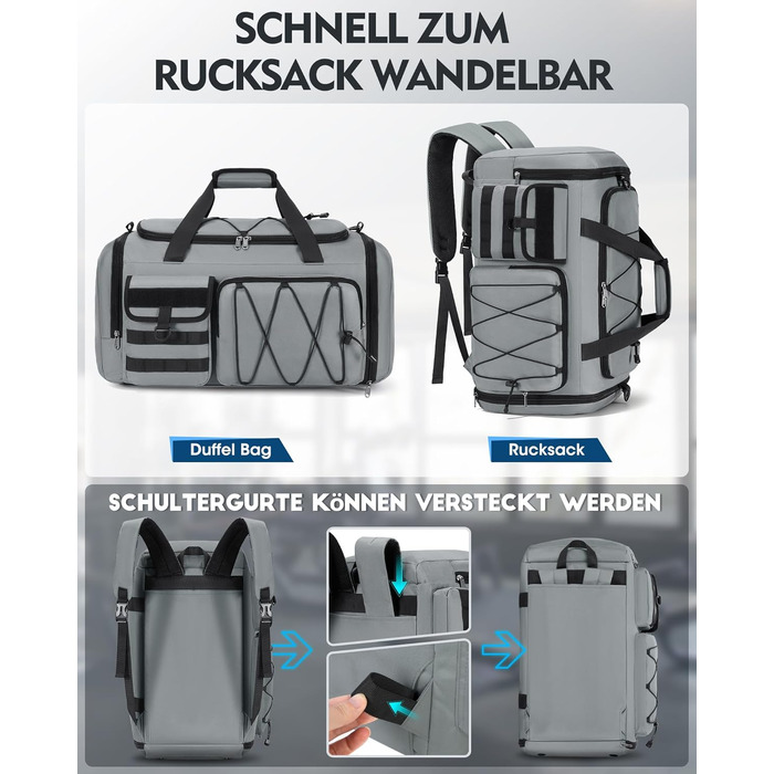 Спортивна сумка RAINSMORE 45L 3-в-1 для фітнесу та подорожей, водонепроникна дорожня сумка з відділенням для взуття та мокрих речей (Сіра)