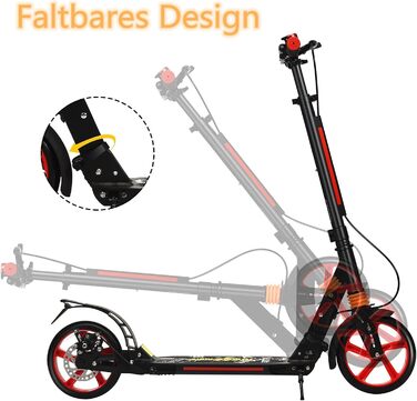 Самокат трюковий GYMAX, регульована висота, складний, з колесами 200 мм, подвійна підвіска, дзвінок та ремінь, до 100 кг, для дітей та дорослих (чорний)