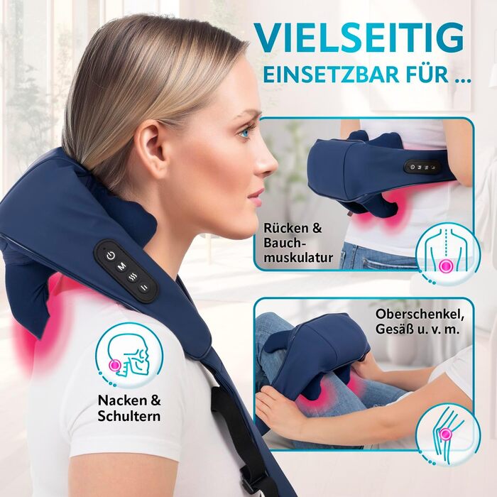 Масажер для шиї та плечей VITALmaxx Shiatsu з підігрівом, 8 обертових роликів, для спини, ніг, синій