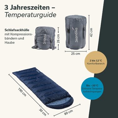 Спальний мішок Skandika Dundee Flanell: бавовна, преміум-якість, з'єднується, двомісний, 3 сезони, до -20°C, 220 x 80/160 см, Outdoor, Indigo, для кемпінгу