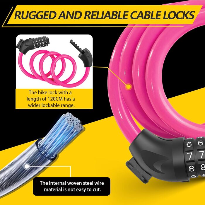 Замки для велосипеда з кодом 12 мм/120 см, антикрадіжний кабель, 5-значний код, вологостійкий, для велосипеда, електровелосипеда, дитячої коляски, драбини (Чорний, Рожевий)