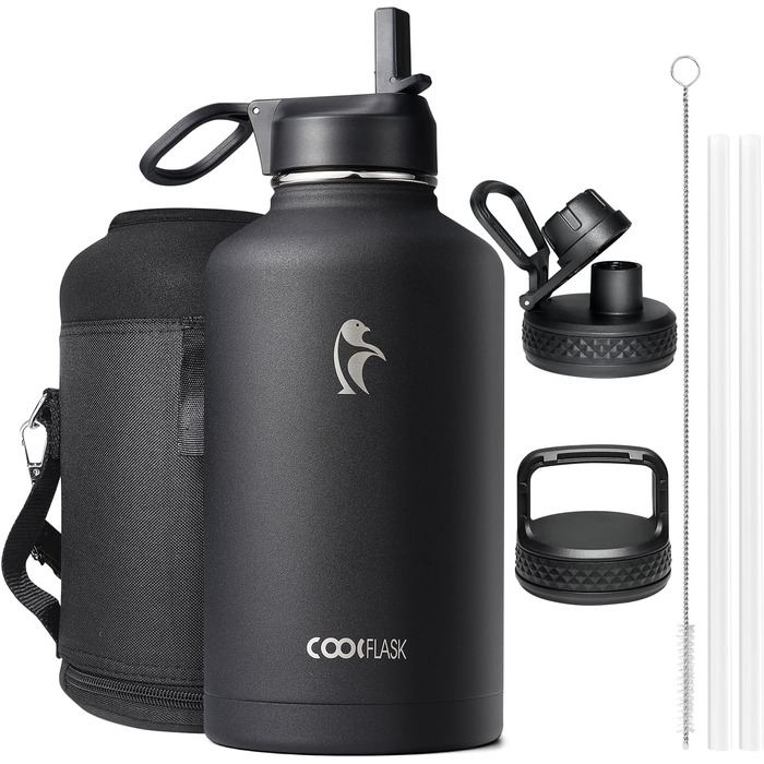 Ізольована пляшка для води Coolflask 2L з трубочкою та 3 кришками, з нержавіючої сталі, для спорту та офісу, подвійне вакуумне покриття, чорна, 2000 мл