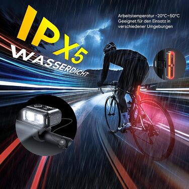 Набір велоліхтарів 100LUX: фара та задній ліхтар з гальмівним сигналом, акумулятор 3200mAh, StVZO, IPX5, для велосипеда, MTB, Ebike