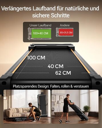 Складана бігова доріжка UMAY Walking Pad з нахилом 40% для дому та офісу, подовжені поручні 130 см, компактний дизайн, безшумна робота, чорна