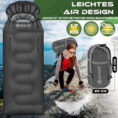 Спальний мішок KESSER® Outdoor для кемпінгу | 3-4 сезони | Підходить для дорослих та дітей | Легкий, теплий, водовідштовхуючий | З лампою та кишенею (Антрацит, 220 x 83 см)