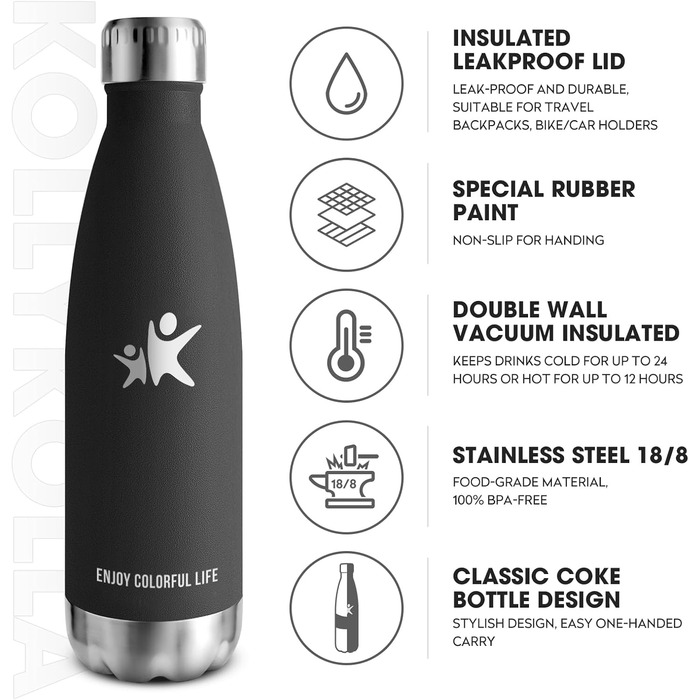 Термос KollyKolla: термос-пляшка з нержавіючої сталі 500мл/750мл/1л, без BPA, для дітей, спорту, школи, подорожей, кемпінгу (500 мл, новий, чорний)