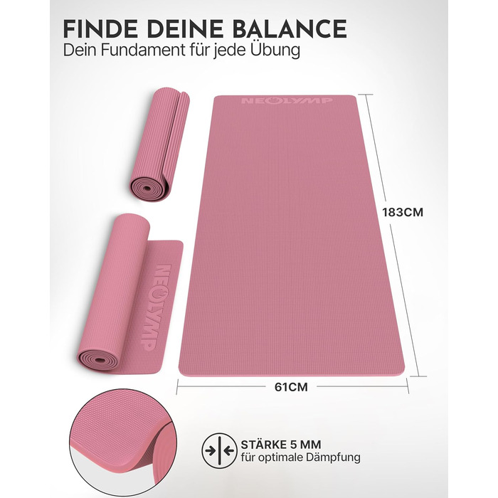 Килимок для йоги Neolymp протиковзкий та захищає суглоби – 183x61 см – PVC – для йоги, пілатесу – з E-Book та відео-управами (Рожевий)