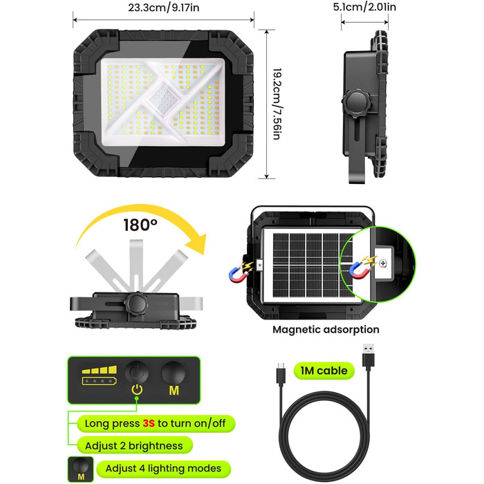 LED прожектор на акумуляторі CLV 200W, 20000mAh, IP66, вологостійкий, 4 режими, 2 рівні яскравості, USB, сонячна панель, для кемпінгу, будівництва, аварійне освітлення (чорний)