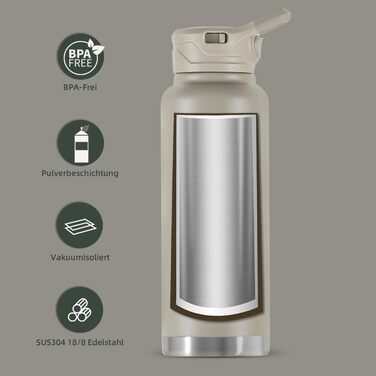 Вакуумна пляшка для води IDEUS 1140 мл, нержавіюча сталь, подвійна стінка, спортивна металева фляга з герметичною кришкою, жовта