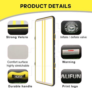 ALIFUN Килимок для гімнастики та акробатики ALIFUN Air Matte Track, надувний, 2м/3м/4м/6м, висота 10/20см, з насосом, для дому, фітнесу, тренувань, черлідингу, басейну (Чорно-жовтий, 400*100*15см)