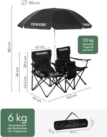 Кемпінговий стілець TRAVORA 2 шт. з сонцезахистом та кишенею для охолодження - складний двомісний стілець для відпочинку та риболовлі, чорний
