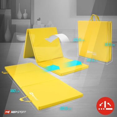 Складаний гімнастичний мат Hop-Sport 180x60x5 см, жовтий, товщина 4/5 см, для дому, фітнесу та гімнастики, з ручками для перенесення