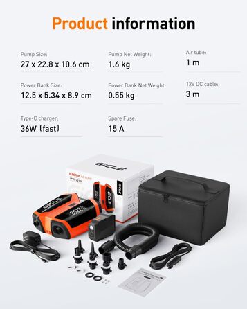 GICLE Електрична SUP-насос з акумулятором та портативним павербанком, 22 PSI, для SUP, човнів, наметів, каяків, перезаряджається (EU стандарт)