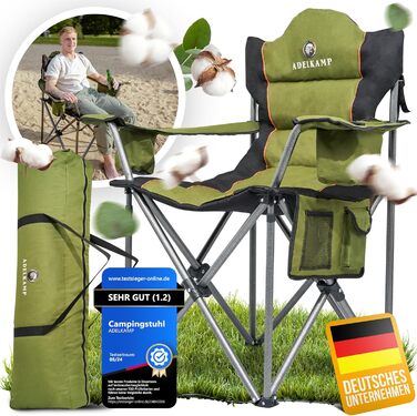 Складний туристичний стілець ADELKAMP з товстим м'яким сидінням | Високий комфорт | Макс. 150 кг | З сумкою-холодильником та тримачем для напоїв | Тест-переможець 2024, Преміум, Оливковий