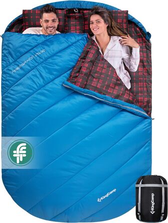 Спальний мішок KingCamp для 2 осіб з фланелі, зимовий, теплий, 3-4 сезони, з 2 подушками, для кемпінгу та відпочинку на природі (синьо-блакитний)
