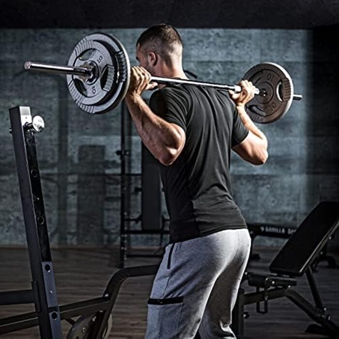 Штанга GORILLA SPORTS 170 см, 30 мм, до 200 кг, хромована, з рифленим нековзким хватом і зірковими замками, сріблясто-чорна