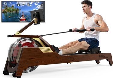 Водний тренажер для дому з Bluetooth, дисплеєм та великим резервуаром 28L. Максимальна вага користувача: 200 см, 150 кг. Регулювання опору: 50% більше, 90° резервуар для 40% більшого опору. Матеріал: високоякісне масивне дерево.