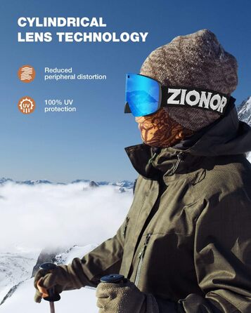 Лижна маска ZIONOR iSki 1X для сноумобіля, антифог, дзеркальна, ергономічна, сумісна з шоломом, чорна оправa, синя лінза Revo VLT 22%