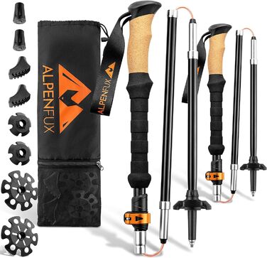 ALPENFUX® Преміум трекінгові палиці складані, легкі, регульовані, з корковою ручкою, для жінок і чоловіків, 115-135 см
