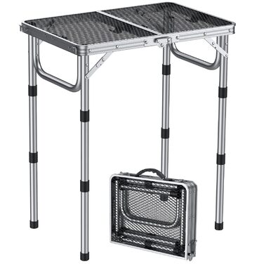 Стіл для кемпінгу Anbte Grilltisch 58x40 см, металевий, з регульованою висотою (26/48/70 см), алюмінієвий каркас, портативний, для пікніка, BBQ, саду, балкону (срібний)