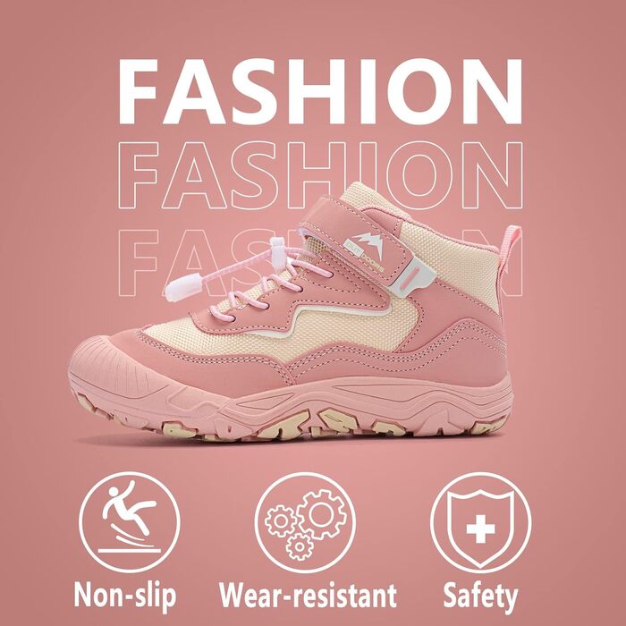 Дитячі трекінгові черевики FLIOZY - рожеві, легкі, дихаючі, з антиковзкою підошвою. Підходять для хлопчиків та дівчаток, розмір 27 EU.