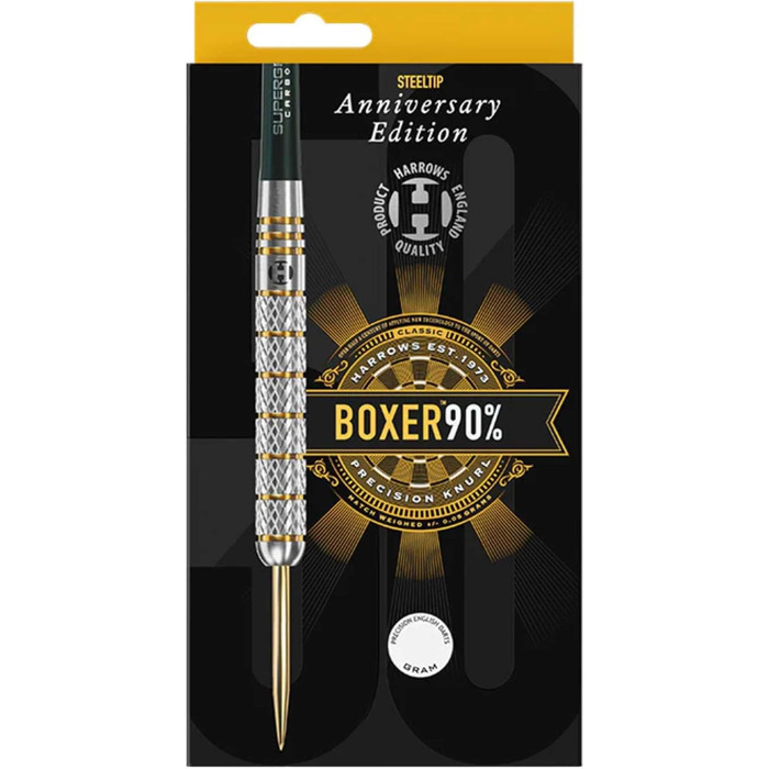 Дротики Harrows Boxer 90% вольфрамові, сталевий наконечник, 23 г, з карбоновими держателями та ювілейними опереннями 100 мкн