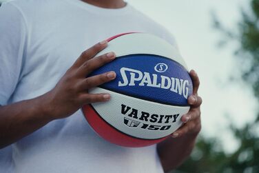 Баскетбольний м'яч Spalding TF-150 Varsity: міцний гумовий матеріал, офіційний розмір, для всіх поверхонь, з рельєфним покриттям Shooter's Seam (червоний, білий, синій)