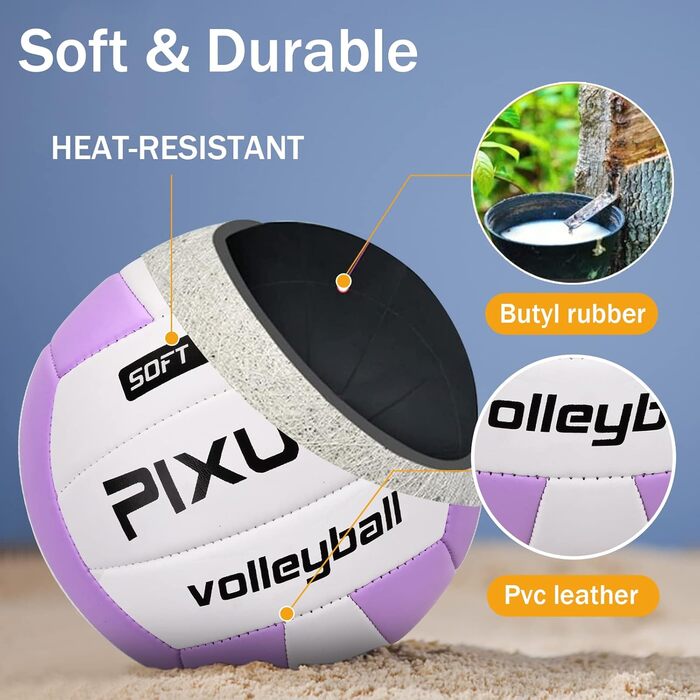 Волейбольні м'ячі PIXUYE, розмір 5, м'які для пляжу, дітей та дорослих, для ігор та тренувань у залі та на вулиці, фіолетово-білі