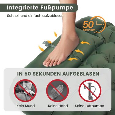 Каремат самонадувний туристичний Tuocal Isomatte, 9 см, Ultralight, з подушкою та насосом, Anti-Ripstop, для кемпінгу, подорожей, намету (Армійний зелений)