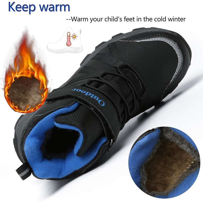 Дитячі зимові черевики: зимові черевики, черевики для хайкінгу, снігоступи для хлопчиків та дівчаток, з теплим підкладкою, водонепроникні, бавовняні черевики, черевики для трекінгу, снігоступи з застібкою-липучкою, розмір 37 EU, чорний, синій