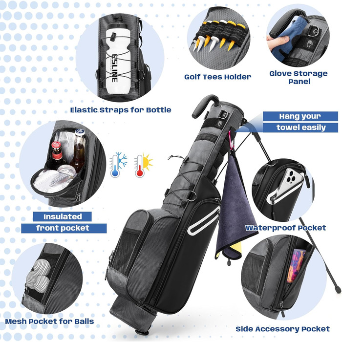 Сумка для гольф-клубів на 7 місць, компактна, для поля та тренувального майданчика, легка, з ергономічним двошаровим ременем (Сіра)