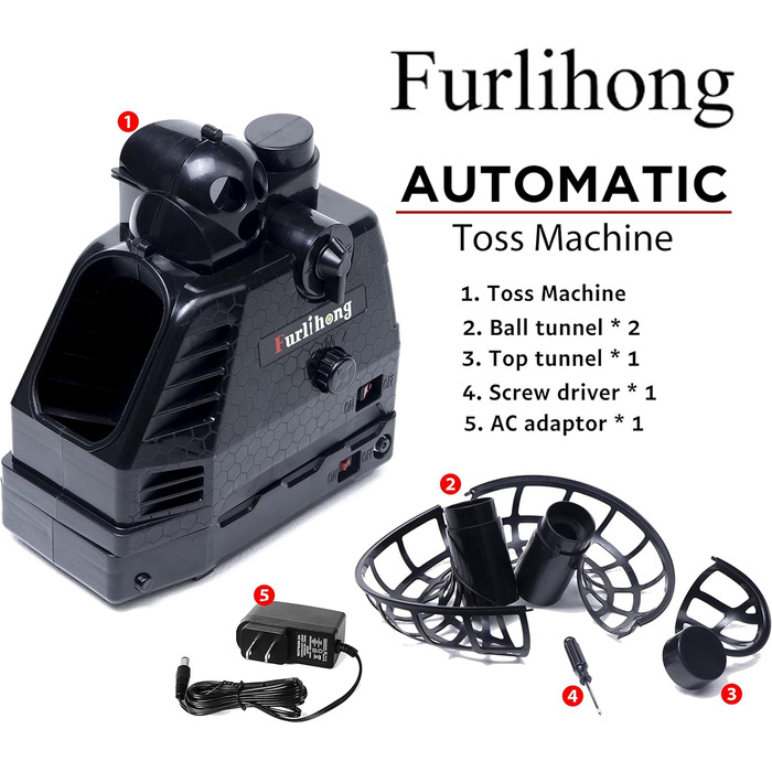 Furlihong 680BH Запускач м'ячів для бейсболу та тенісу 2-в-1, регульований кут, швидкість, інтервал, авто-маятник, живлення від батареї або AC-адаптера, утримувач для м'ячів