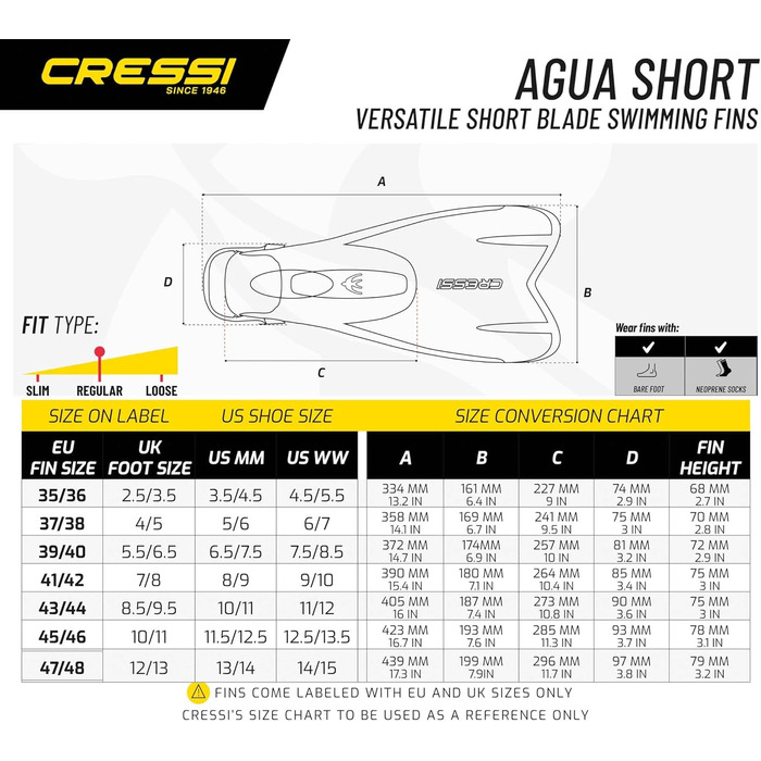 Ласти Cressi Agua для плавання та снорклінгу, унісекс, сині, розмір 33/34 (дитячі) – високоякісні ласти для дітей