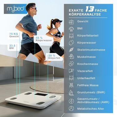 MyBEO Цифрова Bluetooth вага для аналізу складу тіла з додатком – вага для вимірювання ваги, BMI, жиру, м'язів – до 180 кг – LCD-дисплей – скляна поверхня 6 мм – біла