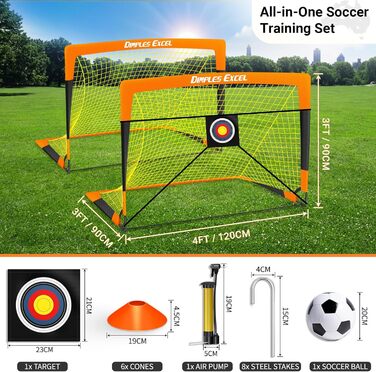 Ворота для футболу Dimples Excel Pop-Up - розкладні для дітей | 1 або 2 шт. в розмірах 120x90 / 152x110 / 213x152 см | 3 кольори на вибір | З м'ячем, насосом, конусами та мішенню (опціонально) | Для саду та подарунка