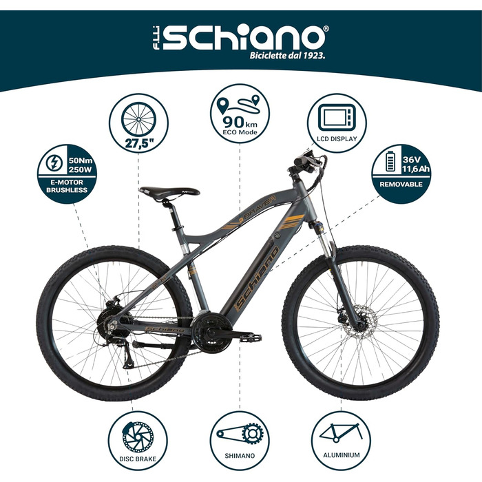 Електровелосипед F.lli Schiano Braver 27.5'' MTB, 36В 11.6Аг, 250Вт, знімний акумулятор, для чоловіків та жінок, сірий