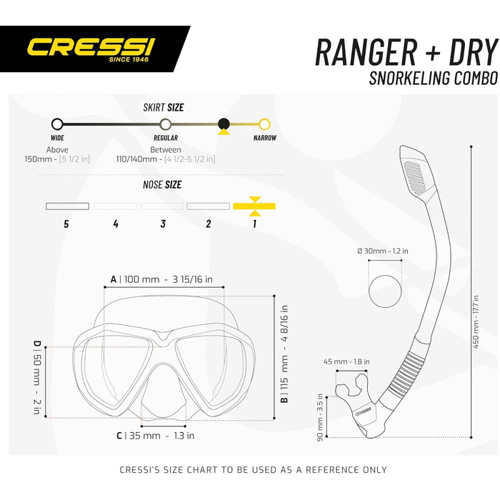 Набір для снорклінгу Cressi Ranger з трубкою Dry, універсальний для дорослих