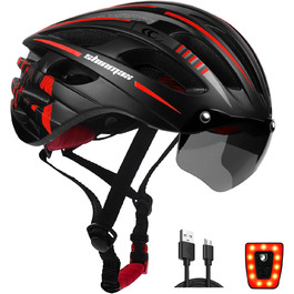 Велошолом KINGLEAD для жінок і чоловіків, MTB, з магнітними окулярами, USB-ліхтарем, регульований, зі світловідбивачами, 57-62 см, червоний