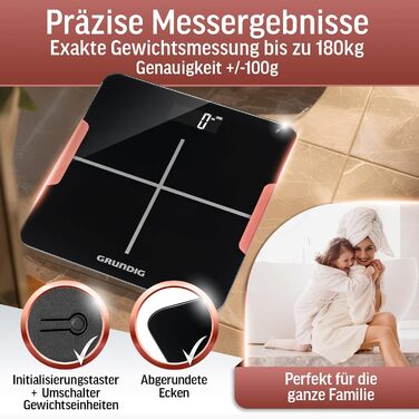 Ваги Grundig для людей: цифрові ваги, до 180 кг, прецизійні сенсори, LCD дисплей, чорний колір (з батарейками)