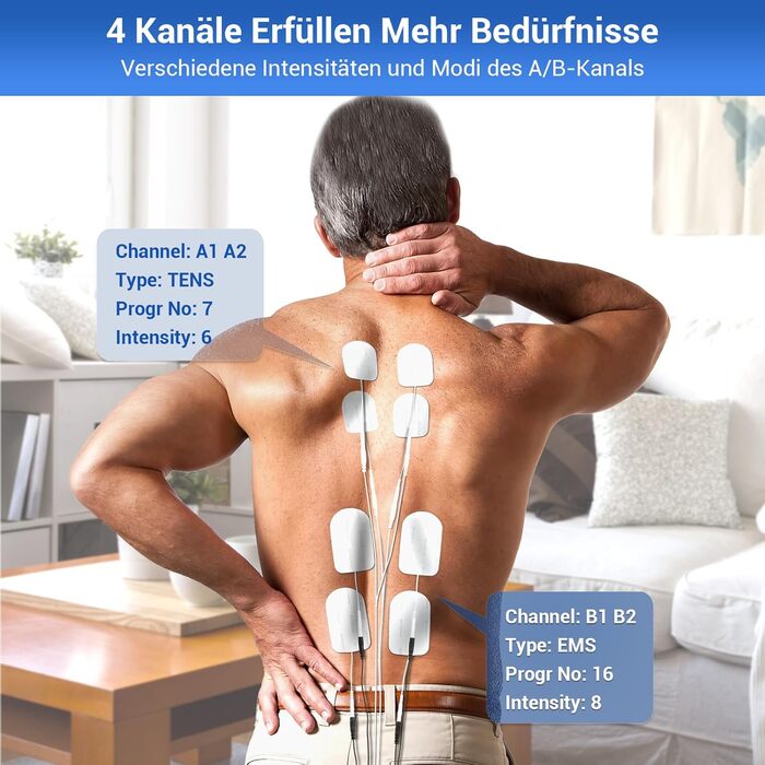 Пристрій TENS/EMS Comfytemp K6106 з 4 каналами та 8 електродами для терапії болю та масажу, 24 режими, 10 електродів